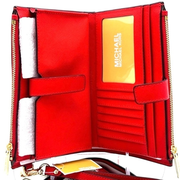 Michael Kors Large Double Zip Wallet Wristlet Red/Gold - Picture 6 of 9